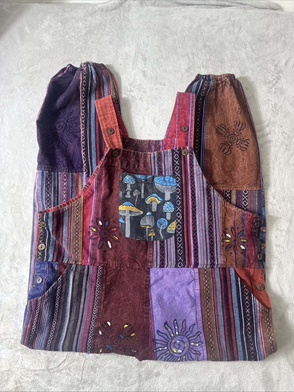Rising International Women’s XL Patchwork Overalls Boho Hippie Mushroom